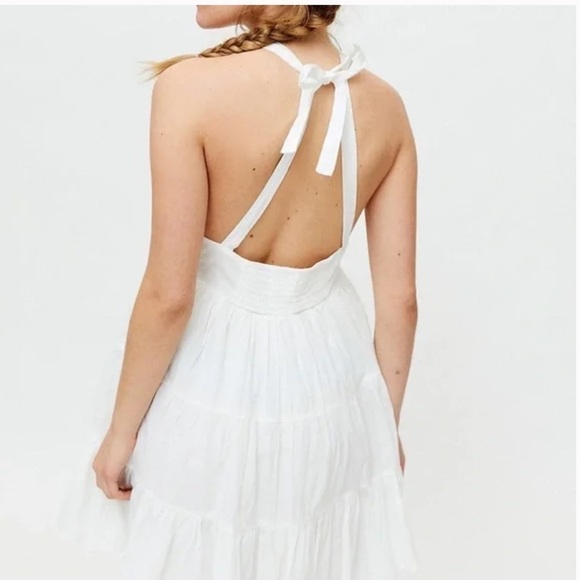UO Head In The Clouds Crochet Neck Tiered Halter Mini Dress - Picture 3 of 16